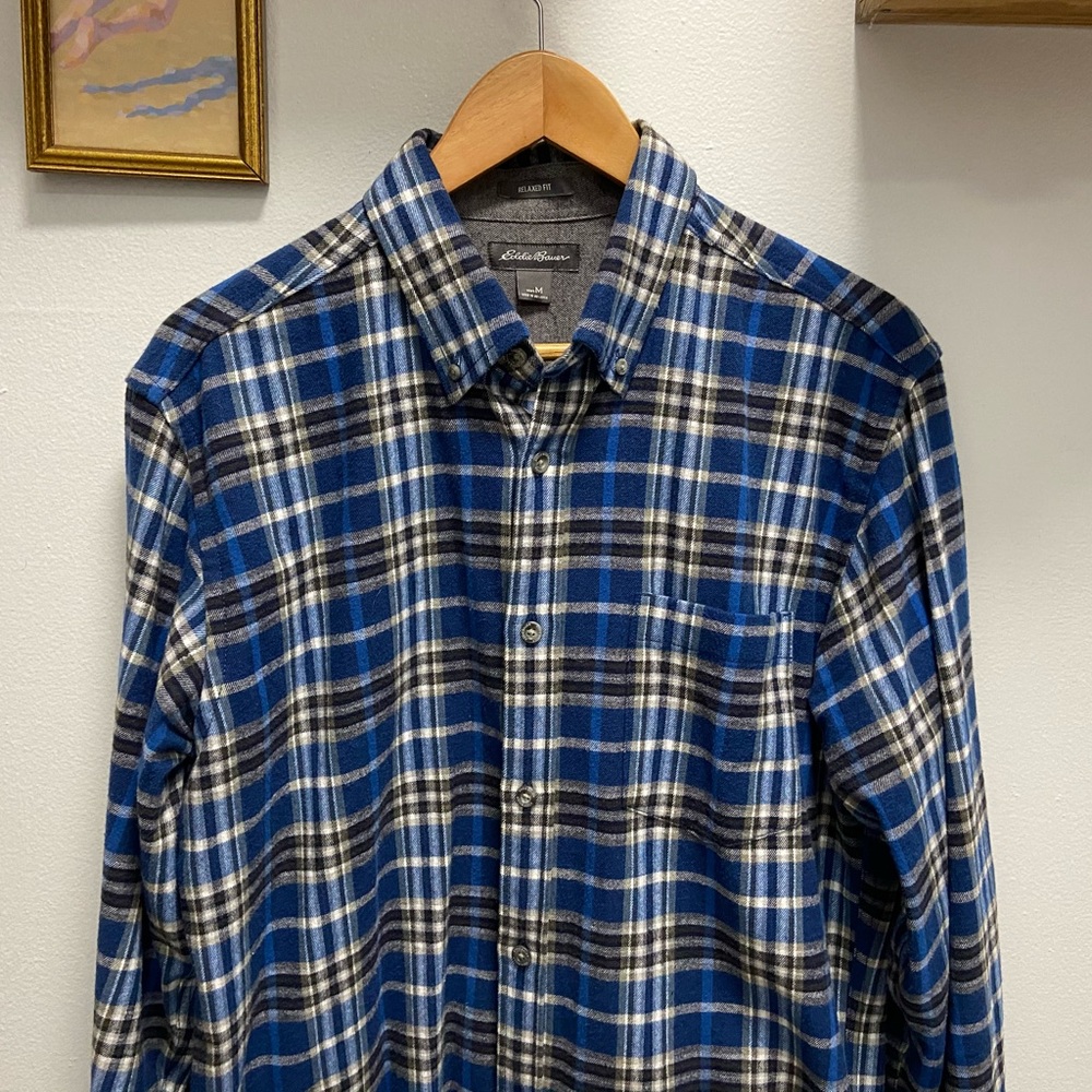 Eddie Bauer Blue & Grey Field Plaid Flannel